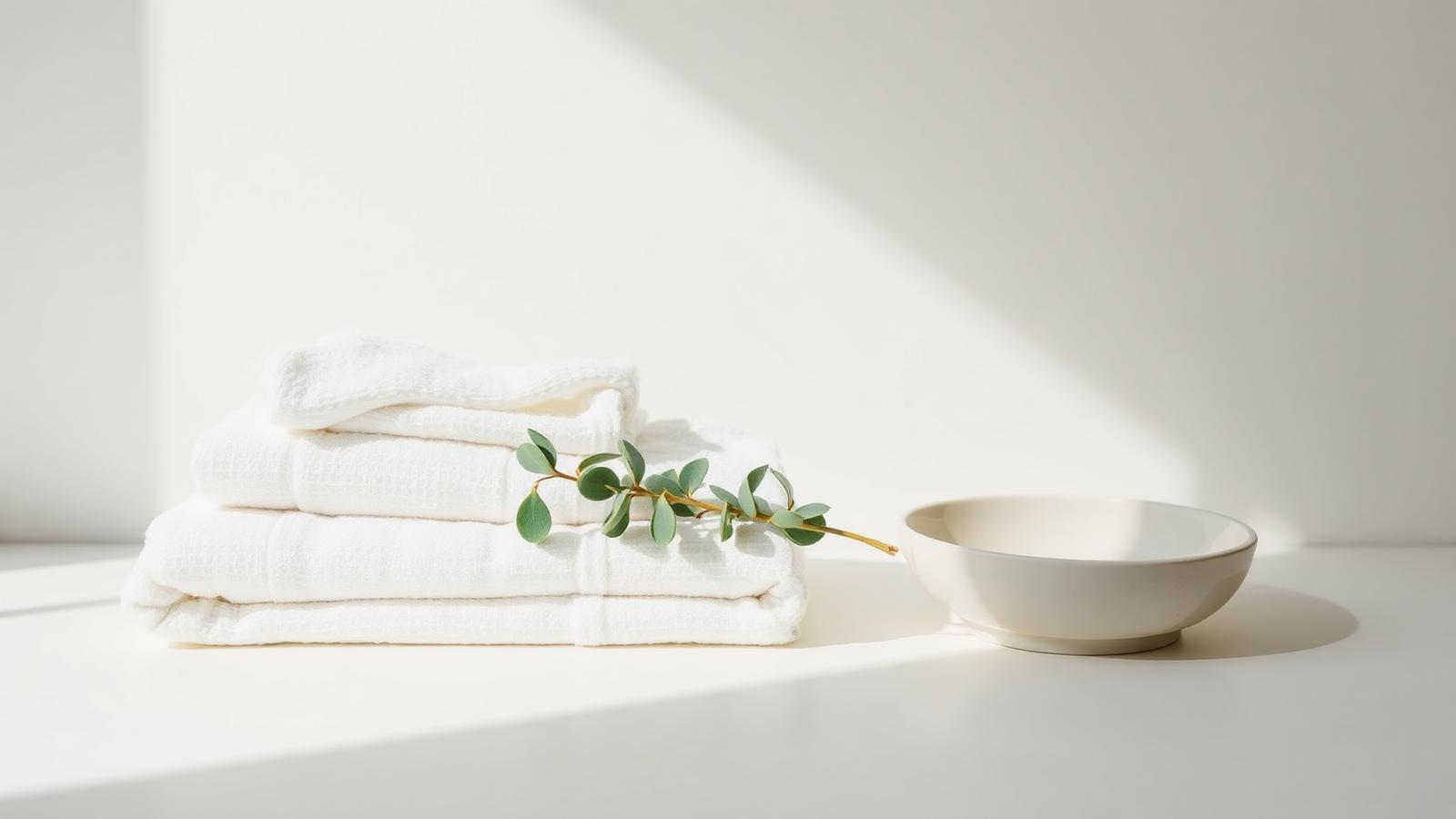 Candles, folded towels and eucalyptus on a brass tray