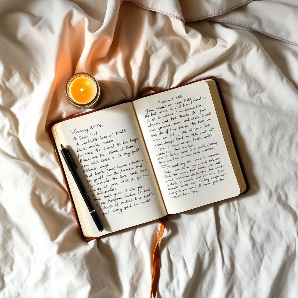 Journal and candle on soft linen