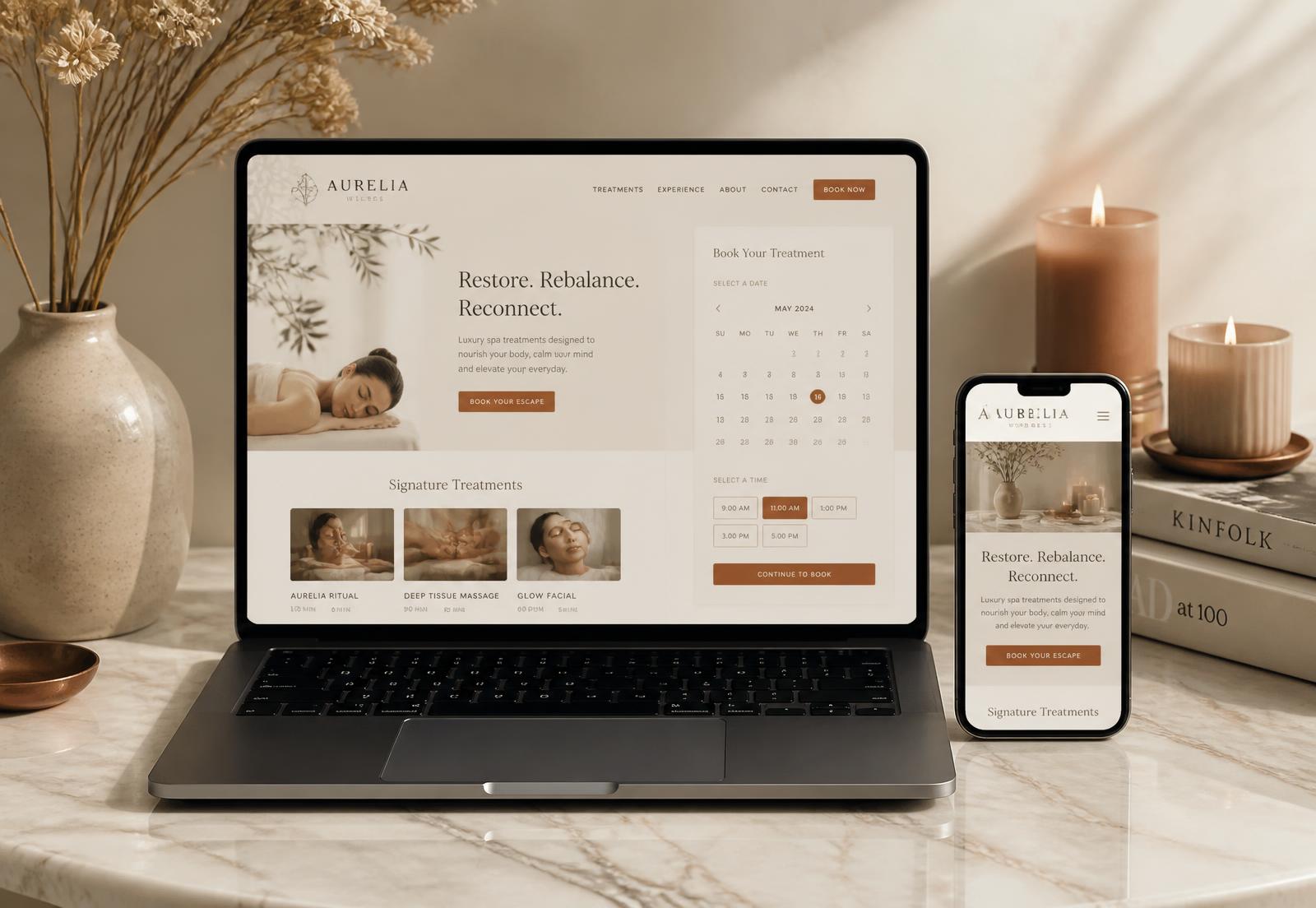 Spa website template shown on laptop and phone with a booking calendar